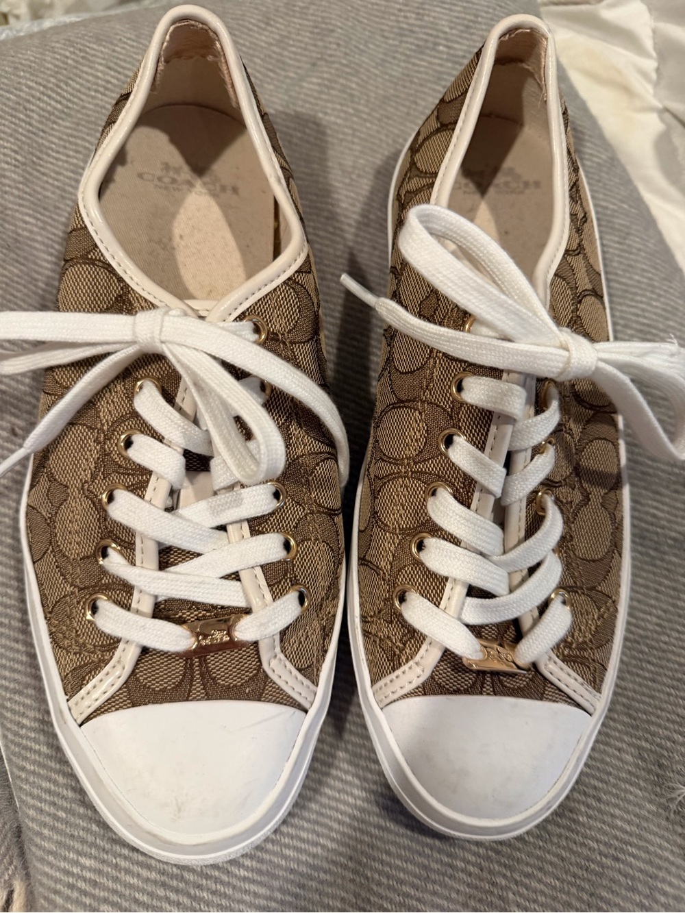 Coach Beige/Brown Signature Canvas Lace-Up Sneakers with White Trim